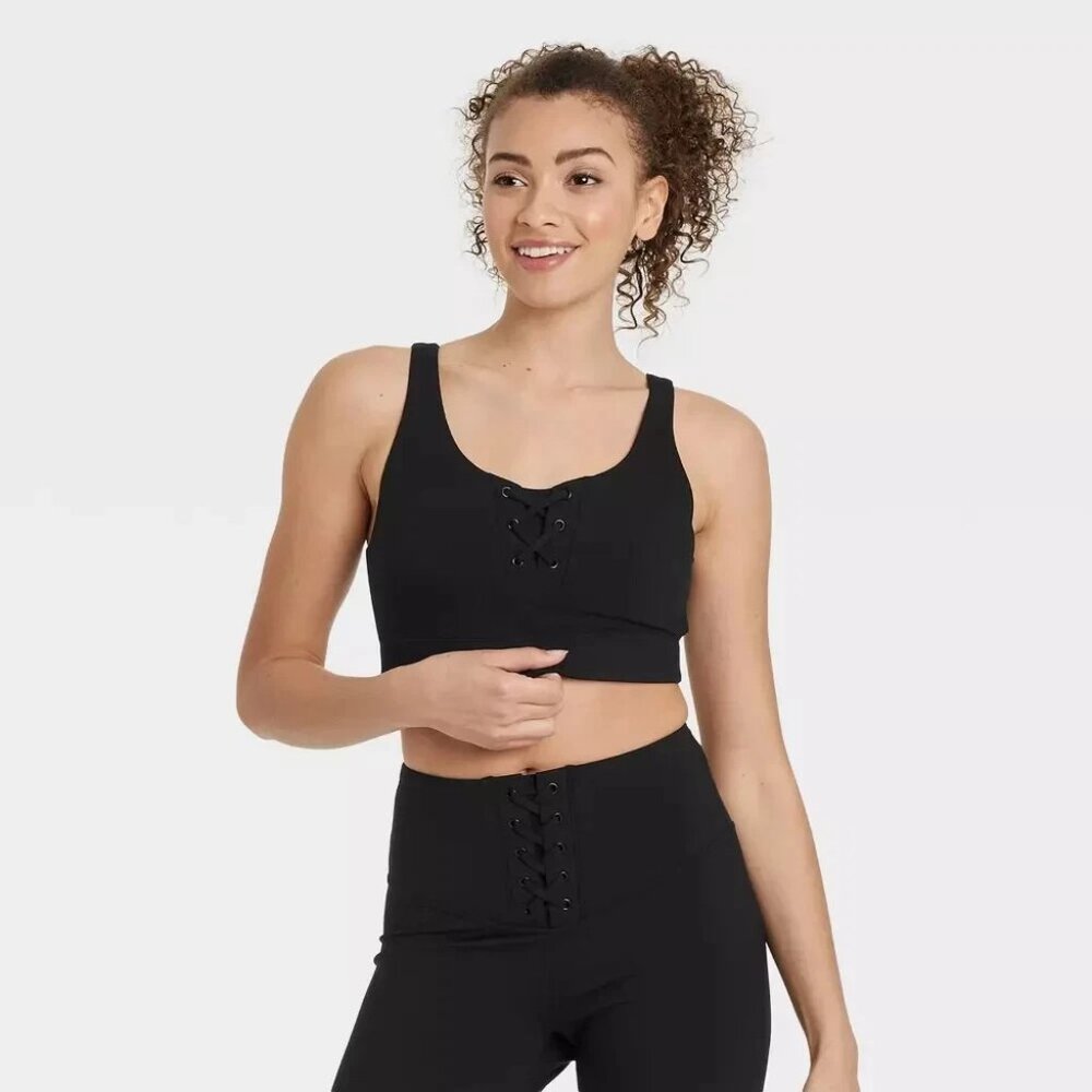 Lace-Up Detail Ribbed Bra - Black M
